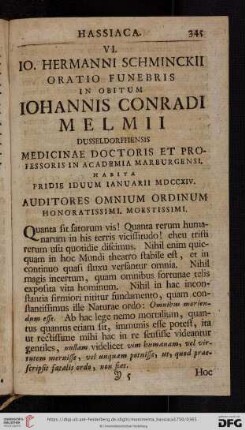 [VII.] Io. Hermanni Schminckii Oratio Funebris in obitum Iohannis Conradi Melmii Dusseldorffiensis [...]