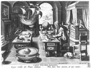 Studierstube eines Kosmographen : Galle, Philipp, nach Straet, Jan van der: Studierstube eines Kosmographen. Kupferstich; 20,2 x 26,5 cm. Dresden: Kupferstich-Kabinett A 44983 in A 1261,2
