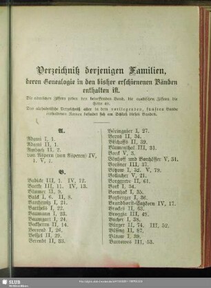 Verzeichniß derjenigen Familien, deren Genealogie in den bisher erschienenen Bänden enthalten ist