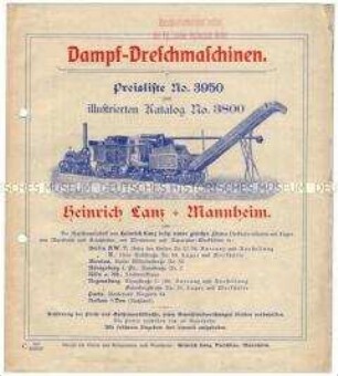 Preisliste zum Katalog Nr. 3950 über Dampfdreschmaschinen