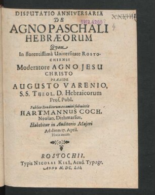 Disputatio Anniversaria De Agno Paschali Hebraeorum