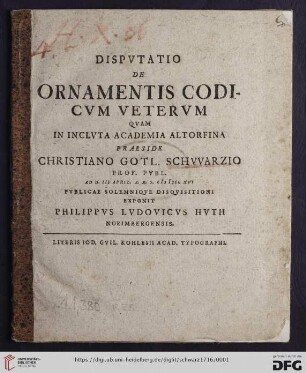 Dispvtatio De Ornamentis Codicvm Vetervm