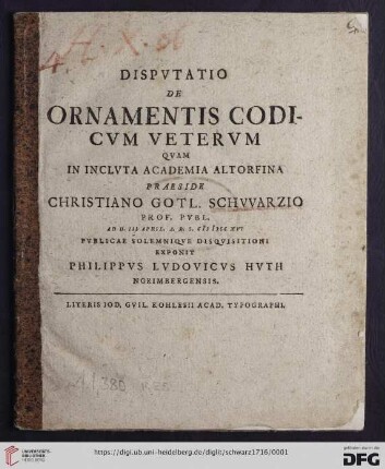 Dispvtatio De Ornamentis Codicvm Vetervm