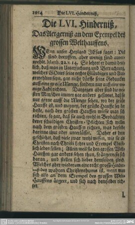 Die LVI. Hinderniß. Das Aergerniß an dem Exempel des grossen Welthauffens