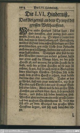 Die LVI. Hinderniß. Das Aergerniß an dem Exempel des grossen Welthauffens