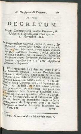 N. VII. Decretum Sacrae Congregationis Sanctae Romanae, & Universalis Inquisitionis feria quarta 13. Novembris 1669.