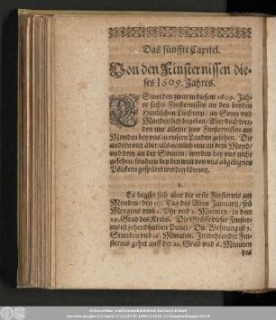 Das fünffte Capitel. Von den Finsternissen dieses 1609. Jahres.