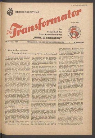 TRO-Betriebszeitung 'Der Transformator'; Nr. 15/1952 (Juli 1952)