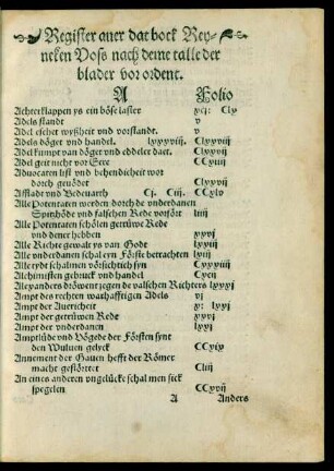 Register auer dat bock Rey=||neken Voss nach dem talle der || blader vor ordent.|| ... ||