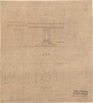 Littmann, Max; Bocksberg; Hofgut, Landhaus - Auszugtisch mit zwei Einlegebrettern im Speisezimmer (Grundriss, Ansicht)
