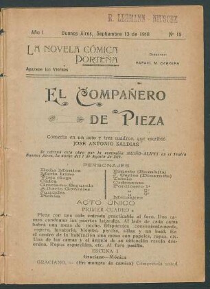 1918001500: El compañero de pieza : comedia en un acto y tres cuadros