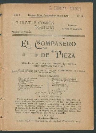 1918001500: El compañero de pieza : comedia en un acto y tres cuadros