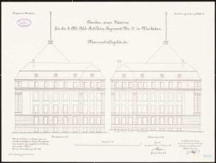 Artilleriekaserne II/27, Wiesbaden: Mannschaftsgebäude: Aufriss Nordostansicht, Südwestansicht 1:100