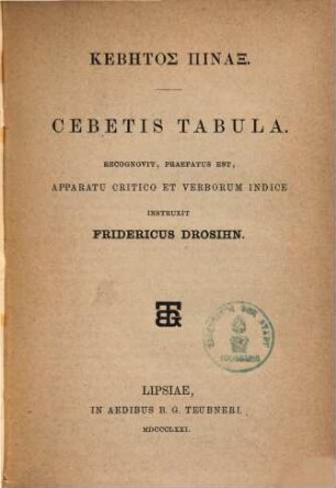 Cebetis tabula : = Kebētos pinax