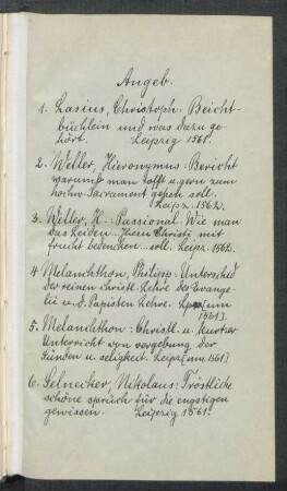 Handschriftliches Inhaltsverzeichnis des Sammelbandes
