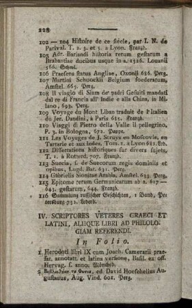 IV. Scriptores Veteres Graeci Et Latini, Aliique Libri Ad Philologiam Referendi.
