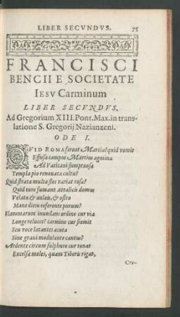 Francisci Bencii E Societate Iesu Carminum Liber Secundus.