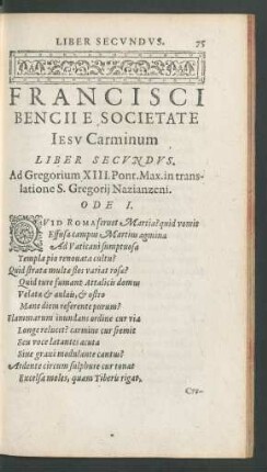 Francisci Bencii E Societate Iesu Carminum Liber Secundus.