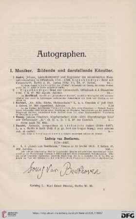 I. Musiker. Bildende und darstellende Künstler (Nr. 1 - 169)