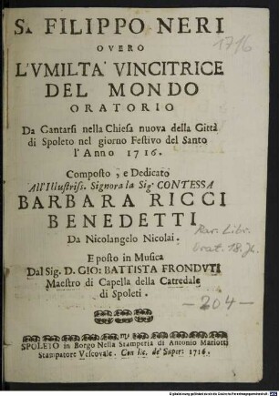 S. Filippo Neri overo l'umiltà vincitrice del mondo