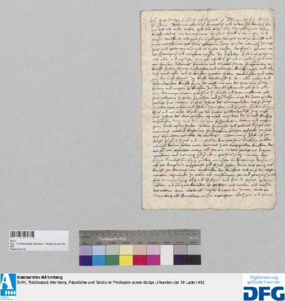 Jorg Steltzer zu Feucht und Margaretha, dessen Ehefrau, verkaufen mit Genehmigung Gabriel Nützels als Eigenherrn an Leonhart Fleck, Unterrichter, und Hans Volkart, Gotteshauspfleger zu Feucht, 2 fl. rh. Ewigzinses aus ihrer Wiese, die Fäglin genannt an der Schwarzach, bei des Rauffers Wiese, um 50 fl., welche ihnen Dr. Jorg Pessler, Fabian Harstorffer und Gabriel Nützel als Testamentsvollstrecker Katharien Harstorfferin in Gemässheit ihres letzten Willens bezahlt haben, dem Eigenherrn und dem Pfleger zum Heiligen Kreuz vor dem Neuen Tor an ihren Eigen- und Gatterzinsen unbeschadet.
