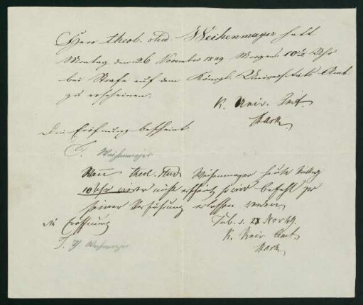 Vorladung vom Universitätsamt (28.11.1849)