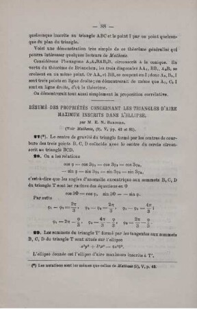 RÉSUMÉ DES PROPRIÉTÉS CONCERNANT LES TRIANGLES D'AIRE MAXIMUM INSCRITS DANS L'ELLIPSE.