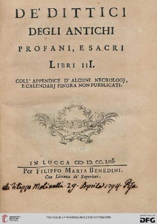 De' dittici degli antichi profani e sacri : libri III ; coll' appendice d'alcuni necrologi, e calendari finora non pubblicati