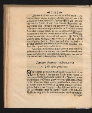 Sequitur sententia condemnatoria 17. Julii 1701. publicata.