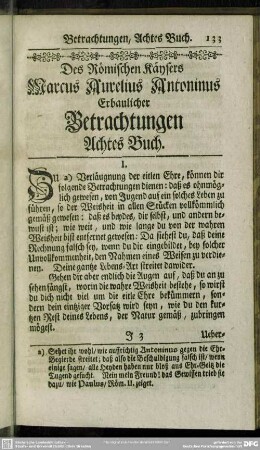 Des Römischen Käysers Marcus Aurelius Antoninus Erbaulicher Betrachtungen Achtes Buch