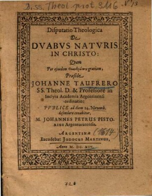 Disputatio Theologica De Dvabvs Natvris In Christo