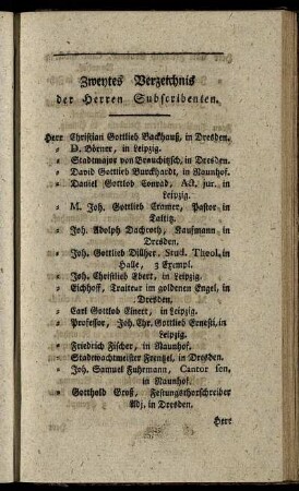 Zweytes Verzeichnis der Herren Subscribenten.
