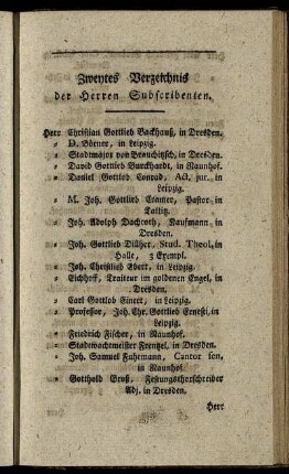 Zweytes Verzeichnis der Herren Subscribenten.