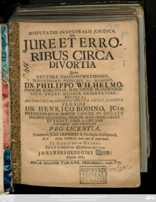 Disputatio Inauguralis Juridica, De Jure Et Erroribus Circa Divortia