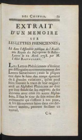 Extrait d'un memoire sur Les Lettres Phéniciennes