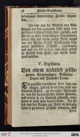 V. Erzehlung: Von einem nächtlich geschehenen kurtzweiligen Pistolen- Degen- und Pantoffel Tantze