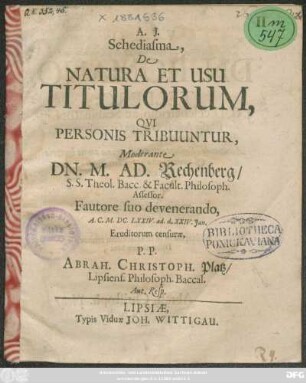 Schediasma, De Natura Et Usu Titulorum, Qui Personis Tribuuntur