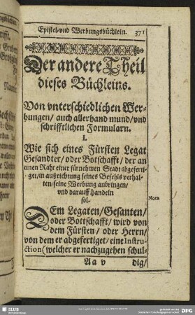 Der andere Theil dieses Büchleins. Von unterschiedlichen Werbungen, auch allerhand mund, und schrifftlichen Formularn