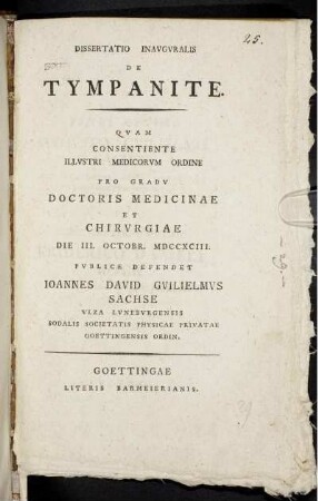 Dissertatio Inauguralis De Tympanite : Die III. Octobr. MDCCXCIII.