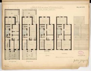 Städtisches Wohnhaus, Berlin Monatskonkurrenz März 1888: Grundriss Keller, Erdgeschoss, 1. und 2. Obergeschoss, Dachgeschoss; Maßstabsleiste