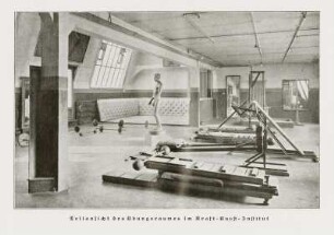 Dresden. Kraftkunst. Institut für Körperausbildung und Erziehung. Übungsraum : Dresden. Kraftkunst. Institut für Körperausbildung und Erziehung. Teilansicht des Übungsraumes im Kraft-Kunst-Institut. Abbildung Seite 510 aus: Die Schönheit : mit Bildern geschmückte Zeitschrift für Kunst und Leben. 17. 1921. Dresden: SLUB 23.8.6416-17.1921