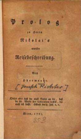 Prolog zu Herrn Nikolai's neuester Reisebeschreibung
