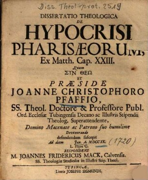 Dissertatio Theologica De Hypocrisi Pharisaeorum, Ex Matth. Cap. XXIII.