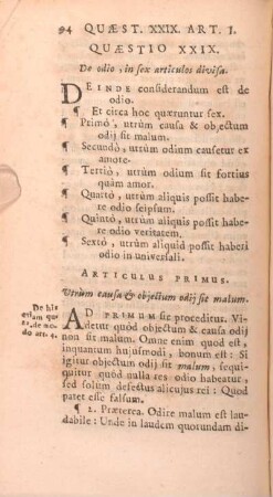 Quaestio XXIX. De odio, in sex articulos divisa.