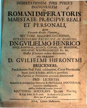 Diss. iur. publ. inaug. de Romani imperatoris maiestate, praecipue reali et personali
