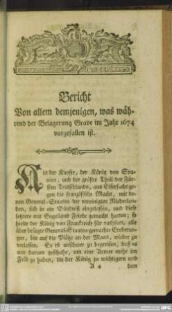Bericht Von allem demjenigen, was während der Belagerung Grave im Jahr 1674 vorgefallen ist