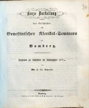 Kurze Darstellung der Geschichte des Ernestinischen Klerikal-Seminars zu Bamberg