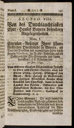 141-165, Sectio VIII. Von des Durchlauchtigsten Chur-Hauses Bayern besondern Angelegenheiten