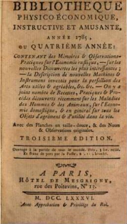 Bibliothèque physico-économique : instructive et amusante. 1785, 1785 = A. 4