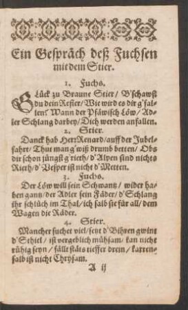 Ein Gespräch deß Fuchsen mit dem Stier.